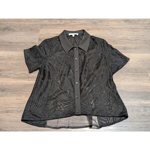Alexis Black Lace Sheer Button Front Short Sleeve Collared Shirt Top XS